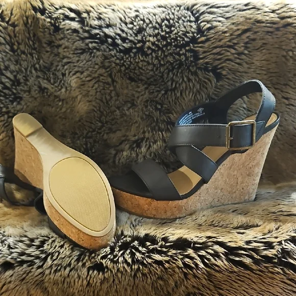 Rampage Shoes Rampage Black Wedge Sandals With Cork Heel